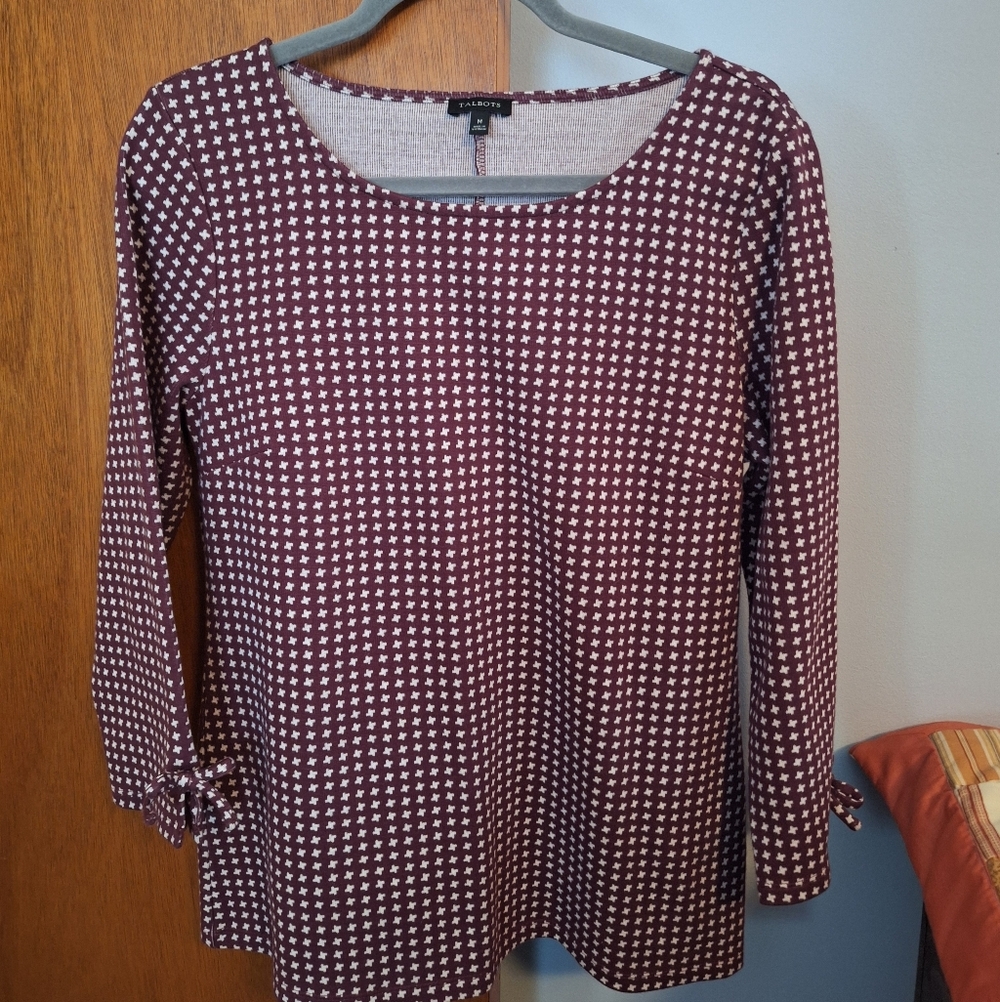 Talbots Plum and White Long Sleeve Top With Bow Ascents Size M